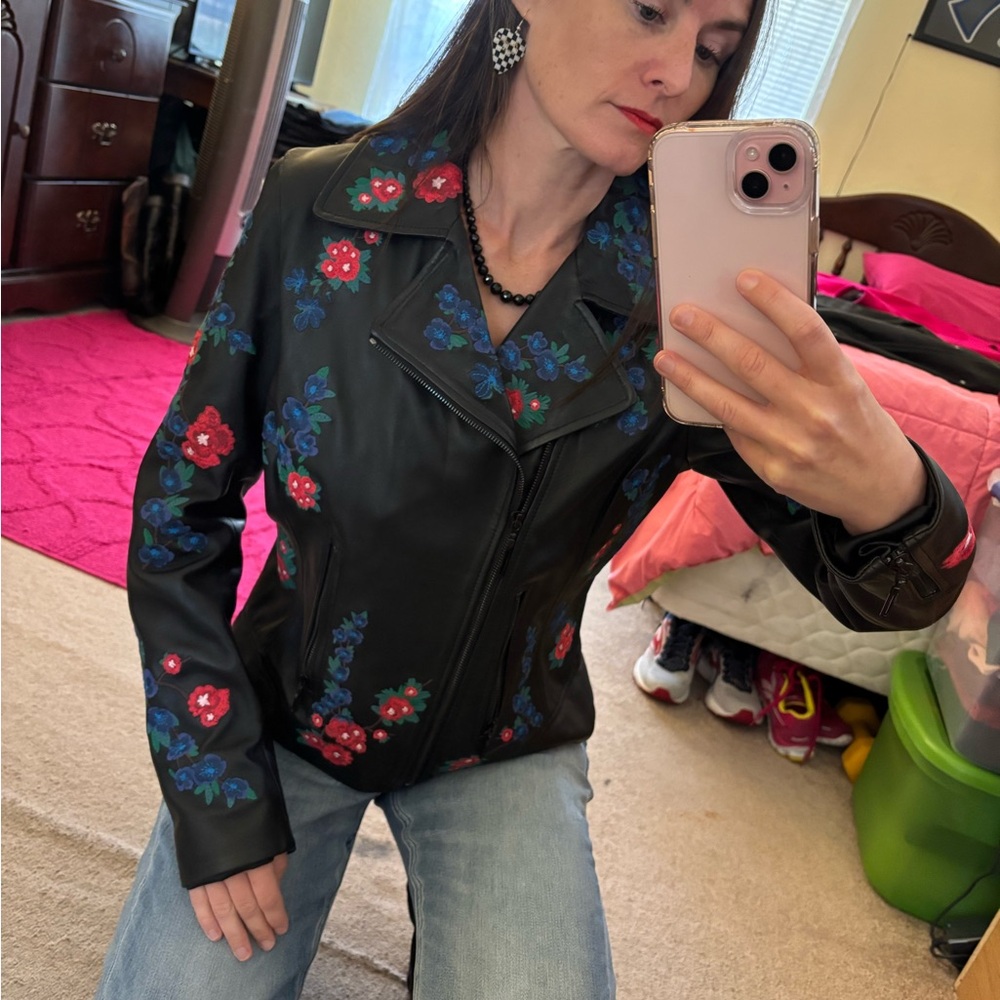 Elie Tahari Mae Embroidery Lambskin Moto Jacket-small - Picture 10 of 15